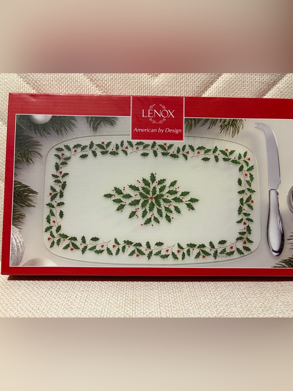 Lenox holiday glass serving board with knife